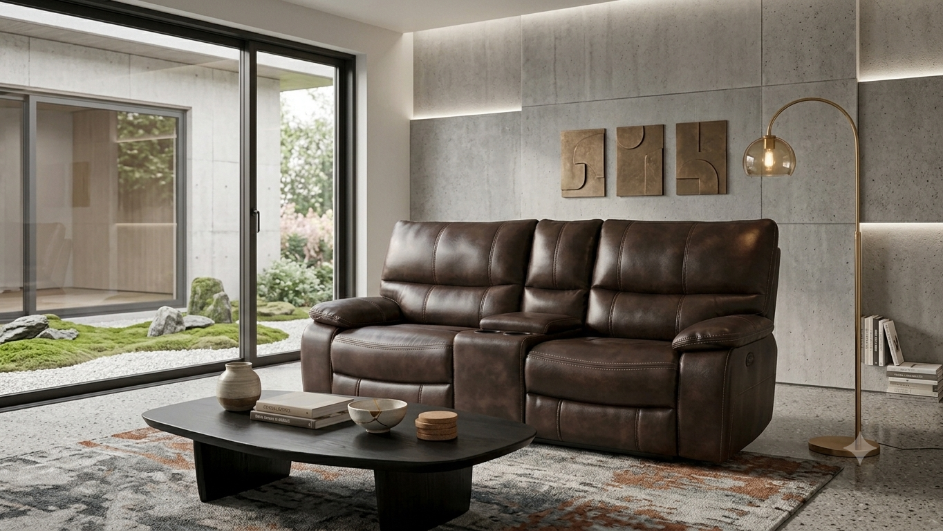 BROWN LEATHER WITH CONSOLE CUP HOLDERS 2 SEATER MANUAL RECLINERS