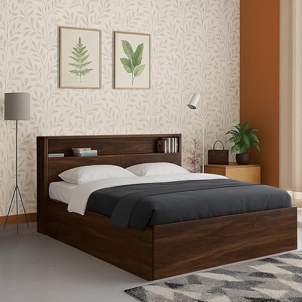 SOLID TEAK HEAD STORAGE DOUBLE BED BROWN